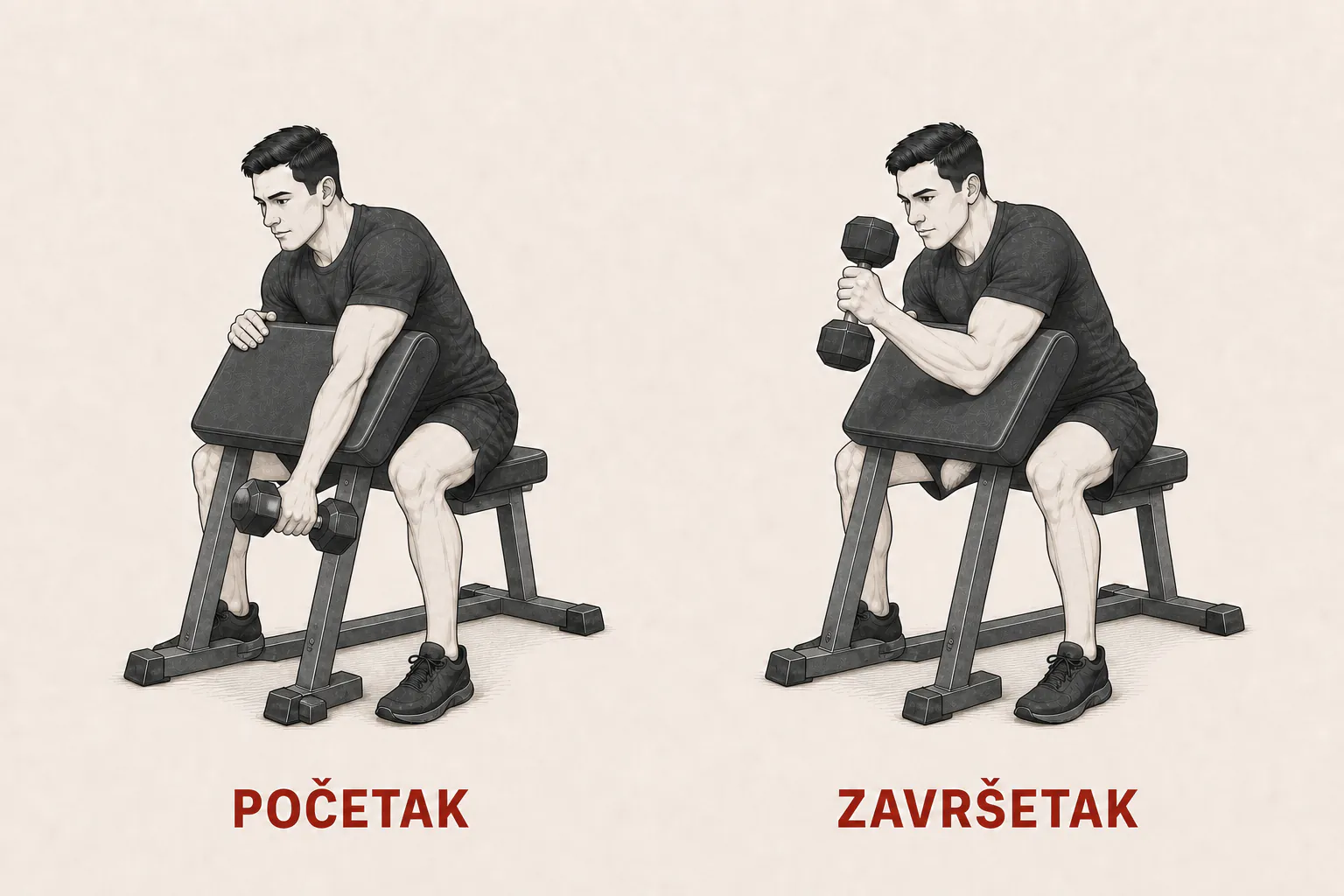 Čekić pregib bučicom na Scott klupi tutorial