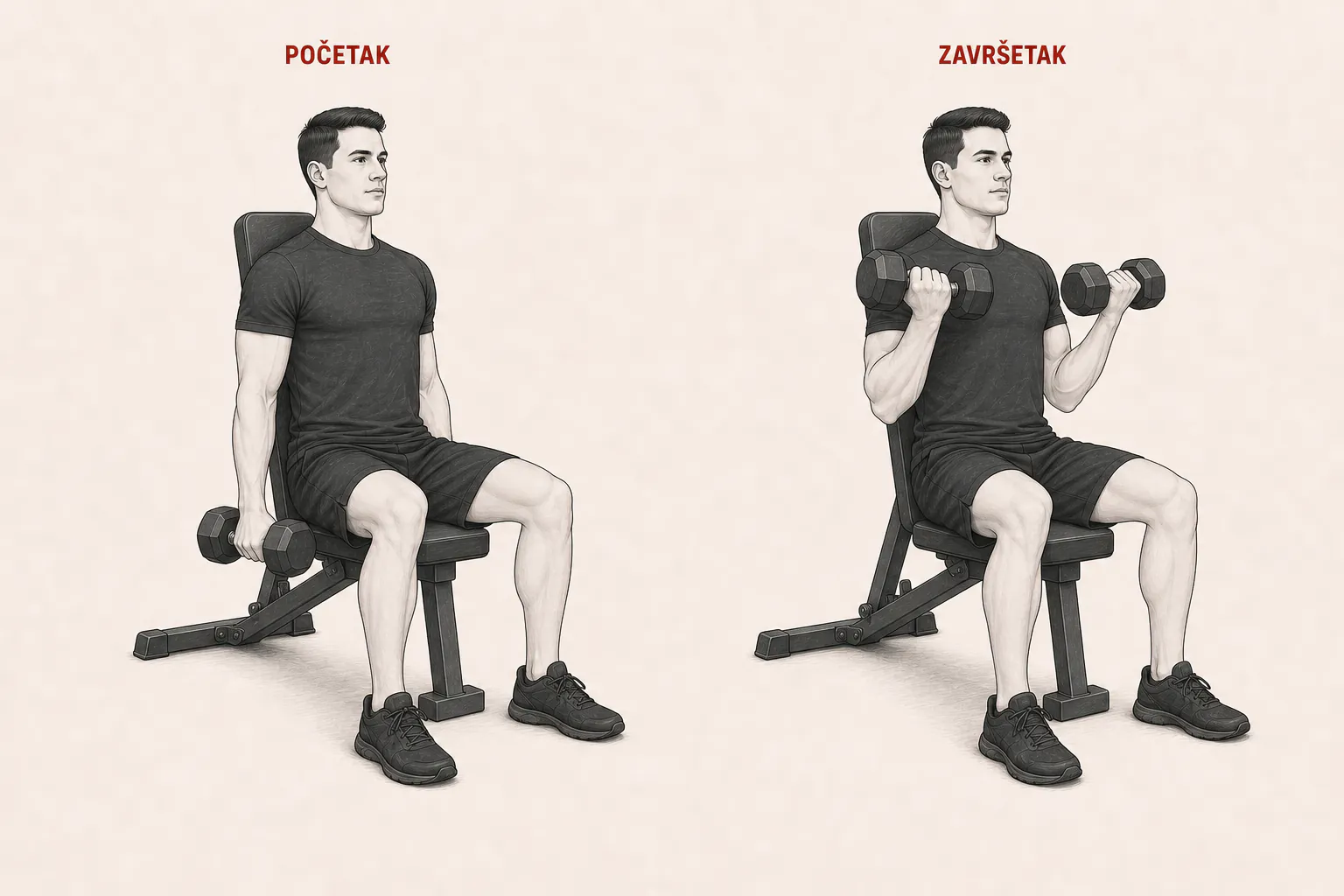 Sedeći pregib bučicama tutorial