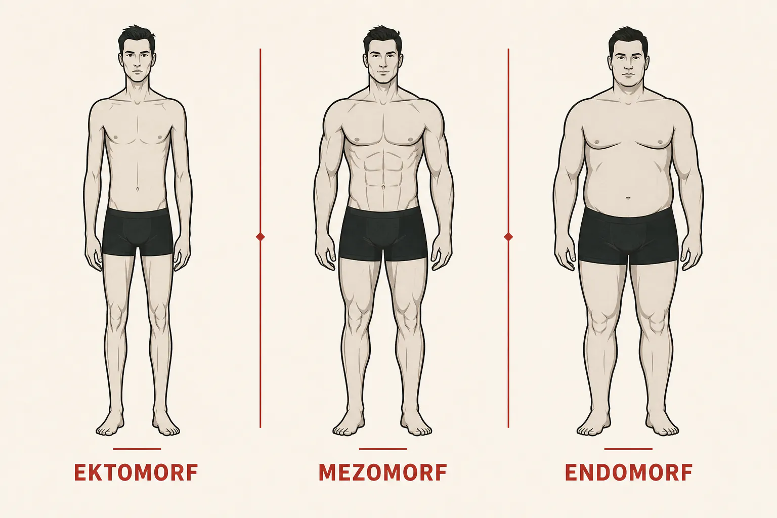 Ilustracija tri tipa građe tela: ektomorf, mezomorf i endomorf